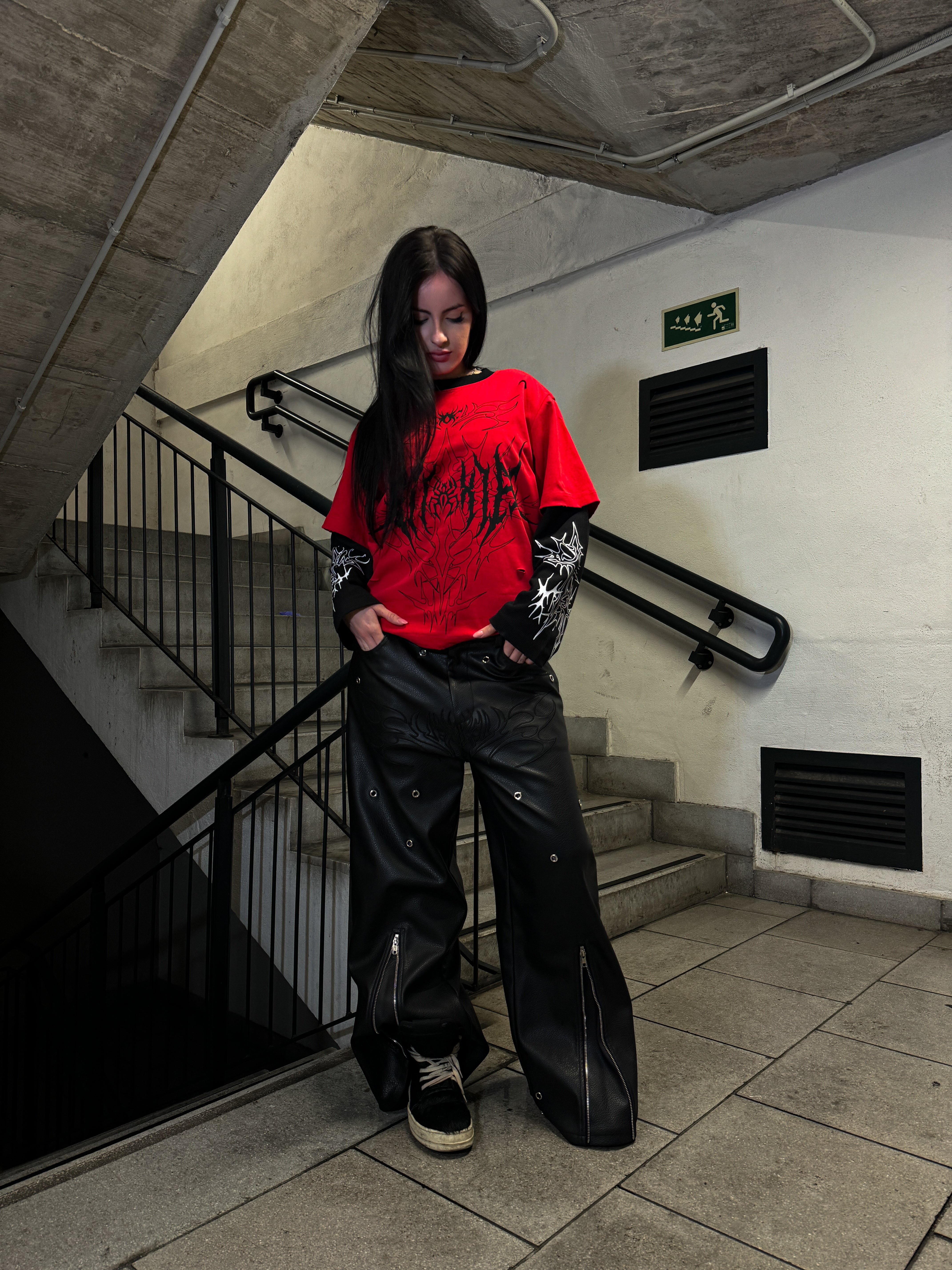 Elixir Distressed Double Layer Red Long-Sleeve