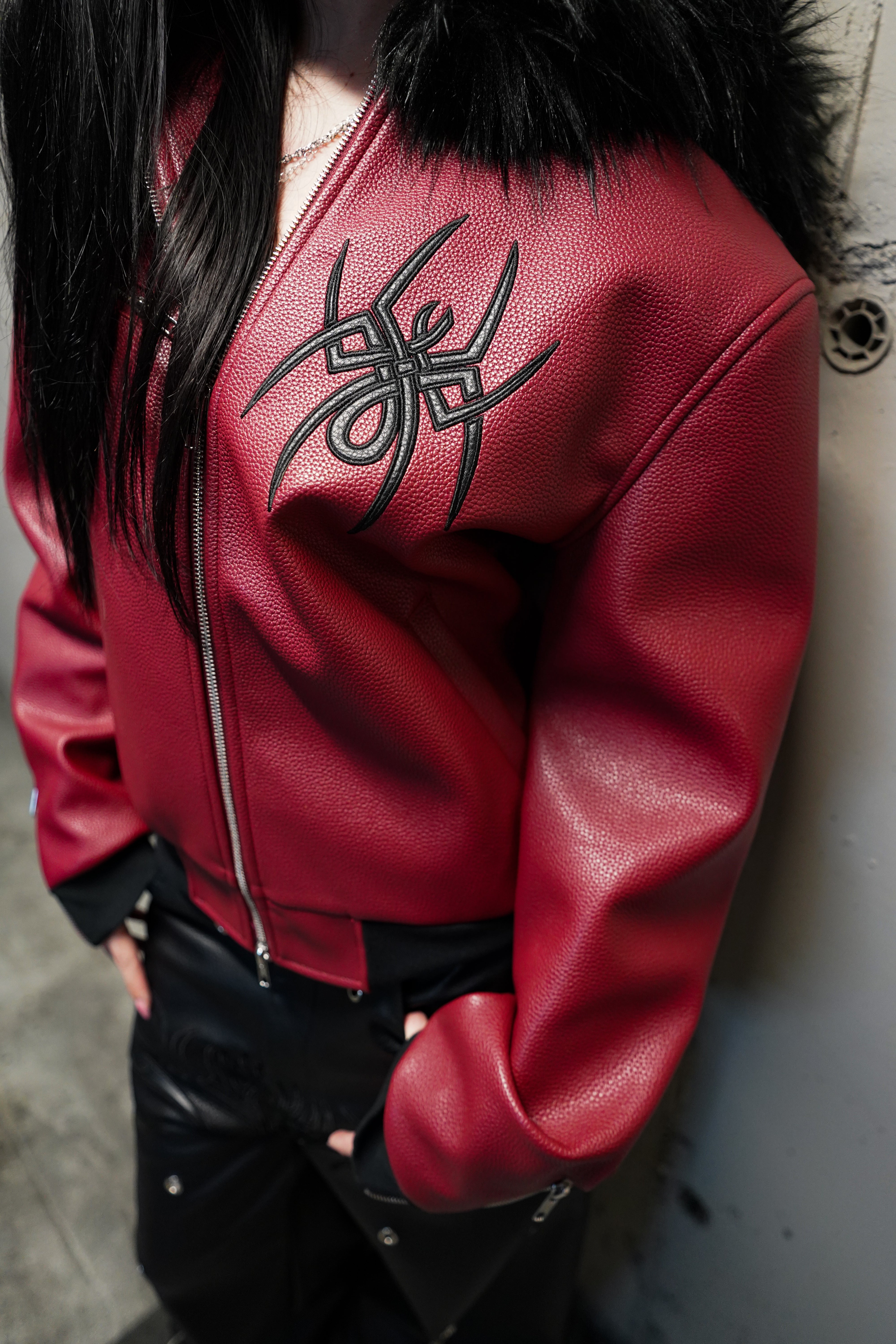 Elixir Red Leather Fur Detachable Jacket