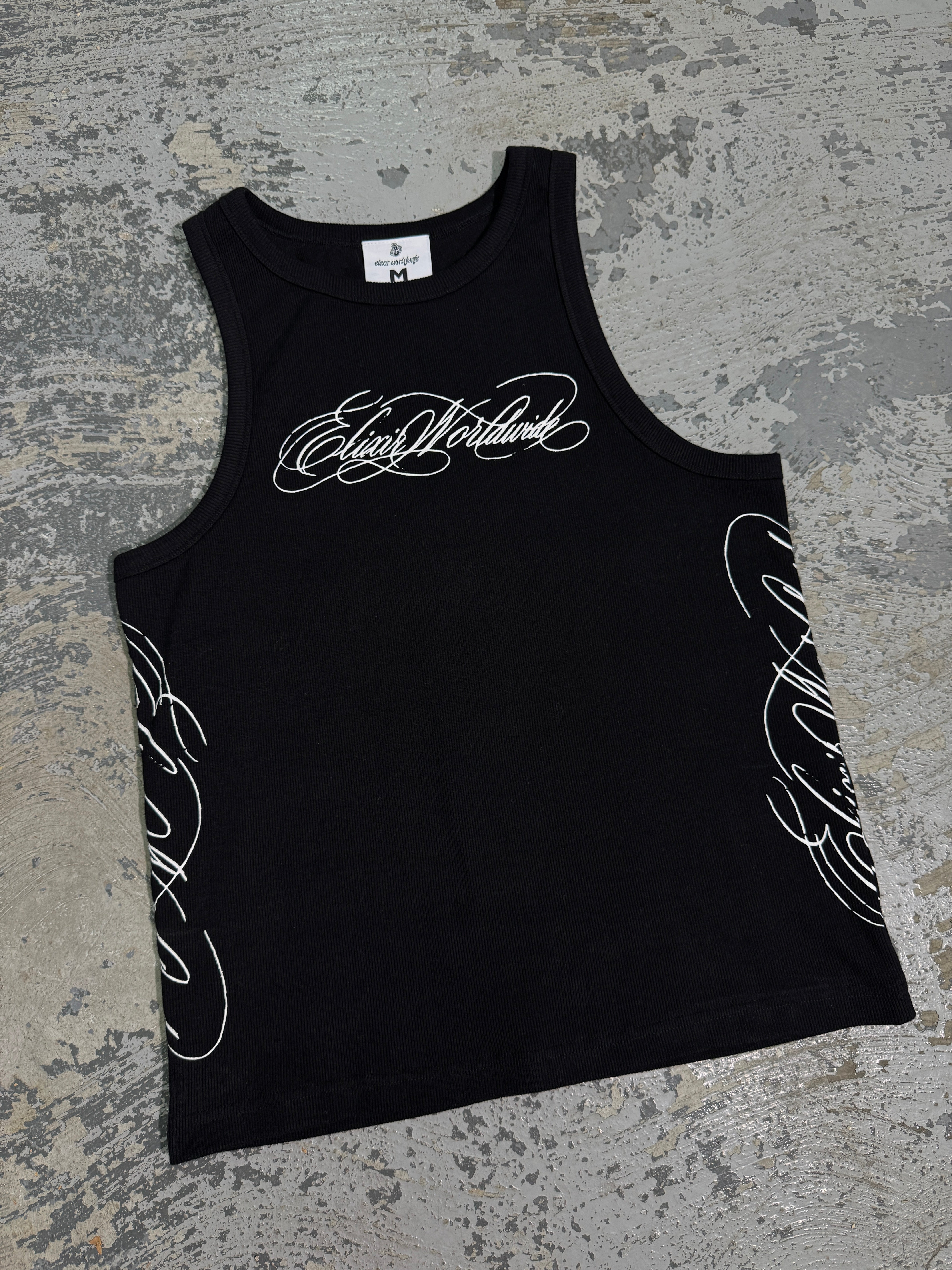 Elixir Black Cursive Tank Top