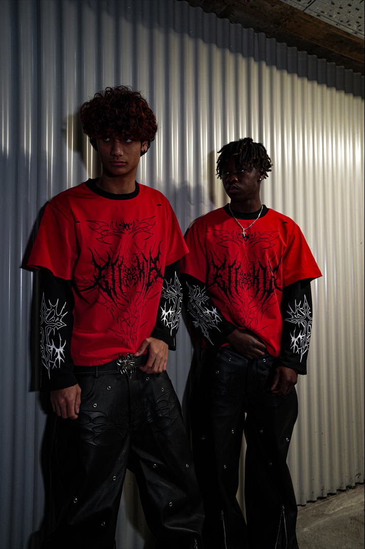 Elixir Distressed Double Layer Red Long-Sleeve