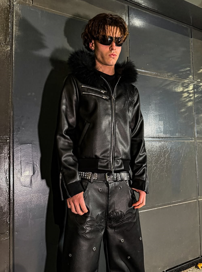 Elixir Black Leather Fur Detachable Jacket